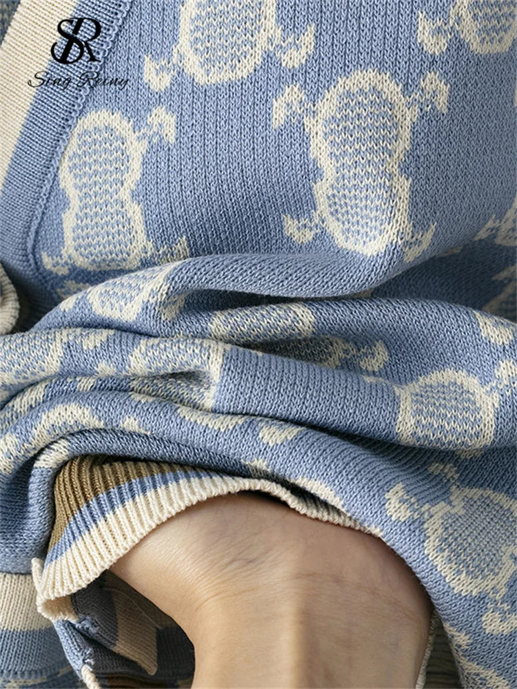 SINGREINY Autumn Two Piece Suits Women V Neck Basics Print Top+Elastic Long Pants Harajuku Casual Knit Sweater Warm Sets