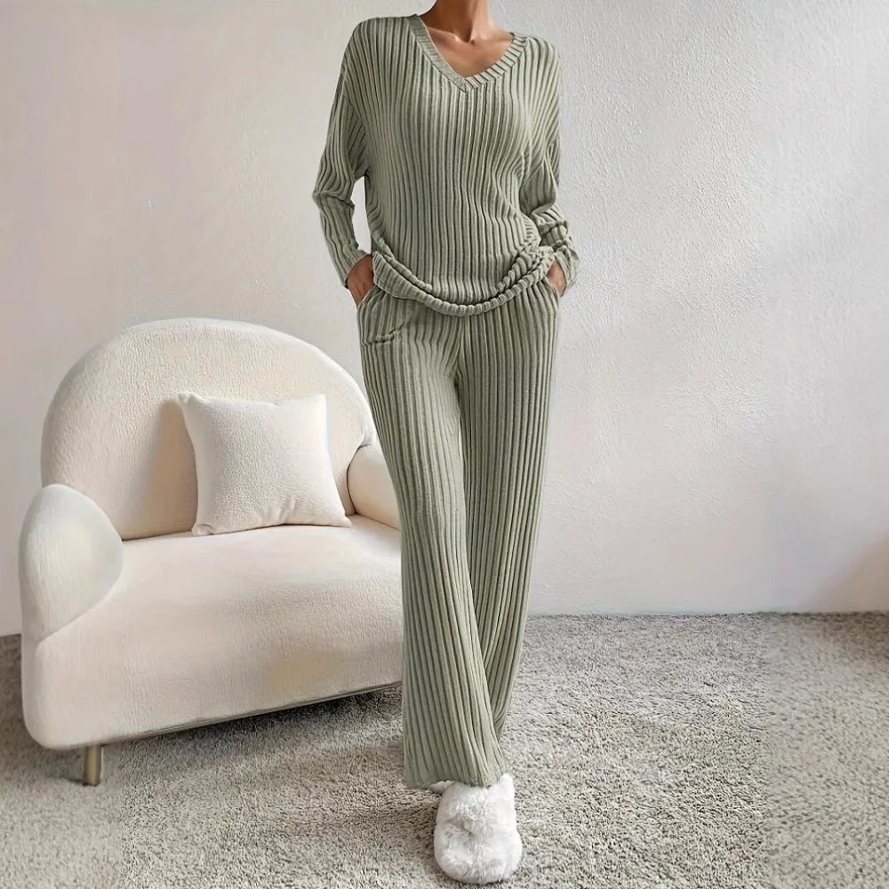 Autumn Winter New Home Set Elegant V-Neck Ribbed Two-Piece Fashion Casual Straight Leg Pants Loose Comfort Outfit