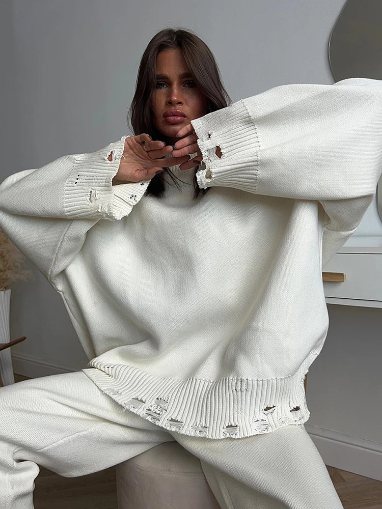 DEAT Fashion Knitted 2 Piece Set Women's Round Neck Loose Ripped Sweater High Waist Loose Pants Suit Autumn New