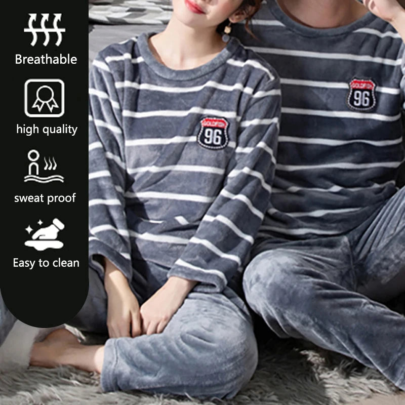 2pcs/Set Fall And Winter Coral Fleece Couple Pajamas Women's Thickened Padded Warm Facecloth Men's Home Wear Clothes top + pants
