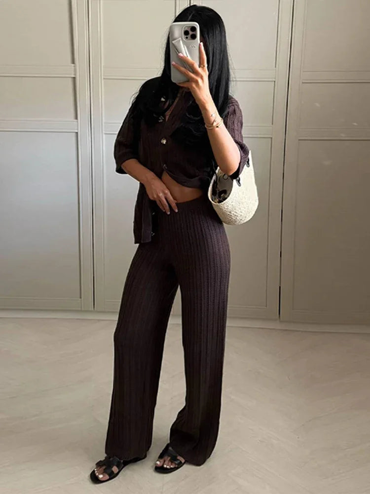Knitted Pants Set Women Solid Turn Down Collar Half Sleeve Tops Elastic Waist Straight Trousers Spring Chic Lady Outfits