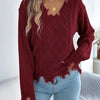 Women's V Neck Ripped Tassel Sweaters 2025 Autumn Winter Casual Solid Color Lantern Long Sleeve Twist Knitted Tops Orange Red
