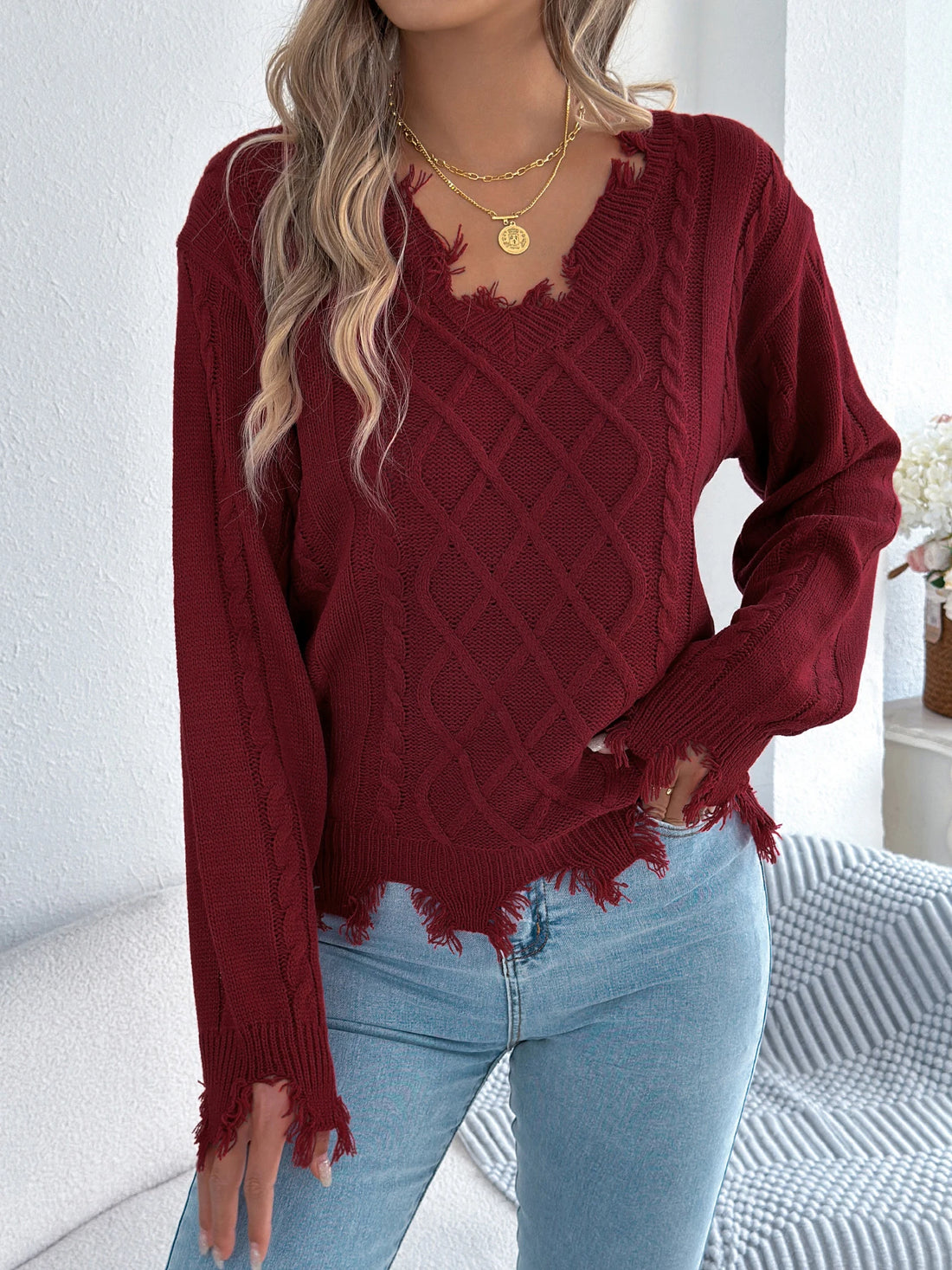 Women's V Neck Ripped Tassel Sweaters 2025 Autumn Winter Casual Solid Color Lantern Long Sleeve Twist Knitted Tops Orange Red