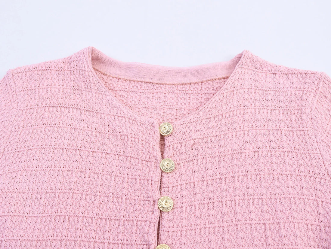 DEEABAE Autumn And Winter New Round Neck Buckle Decoration Gentle and Versatile Short Sleeve Knitted Cardigan Half Skirt Set