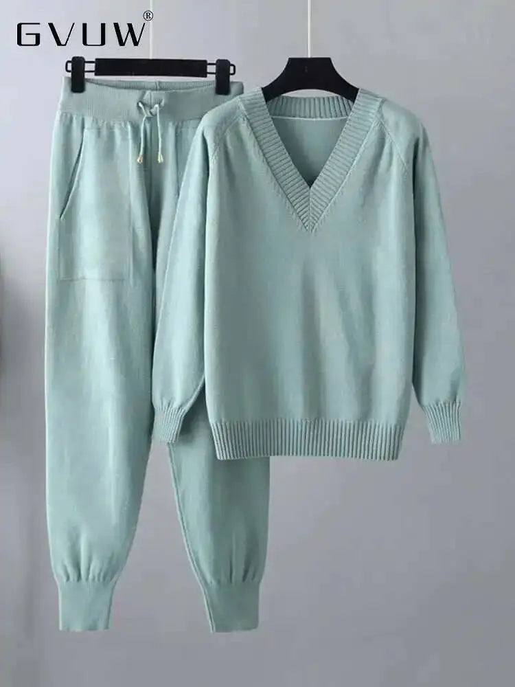 GVUW Knitted Women 2 Pieces Set Women V Neck Full Sleeve Sweater + Pencil Pants Solid Color New Female Clothing