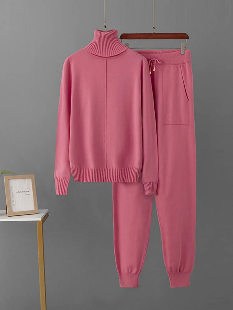Candy Color Knitted 2 Piece Sets Women Turtleneck Knitwears Sweater Pullover Tops Conjuntos High Waist Casual Harem Pants Outfit