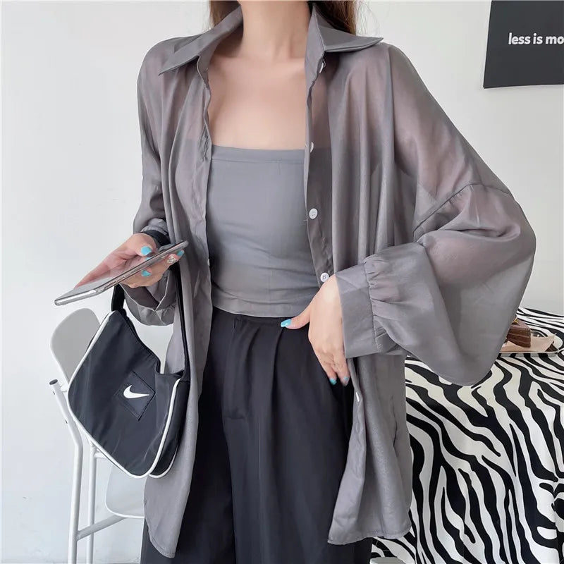 Semi Sheer Long Sleeve Shirt for Women Shimmer Button Down Collared Plain Lightweight Shirt Spring Summer Chic Tops Outfit