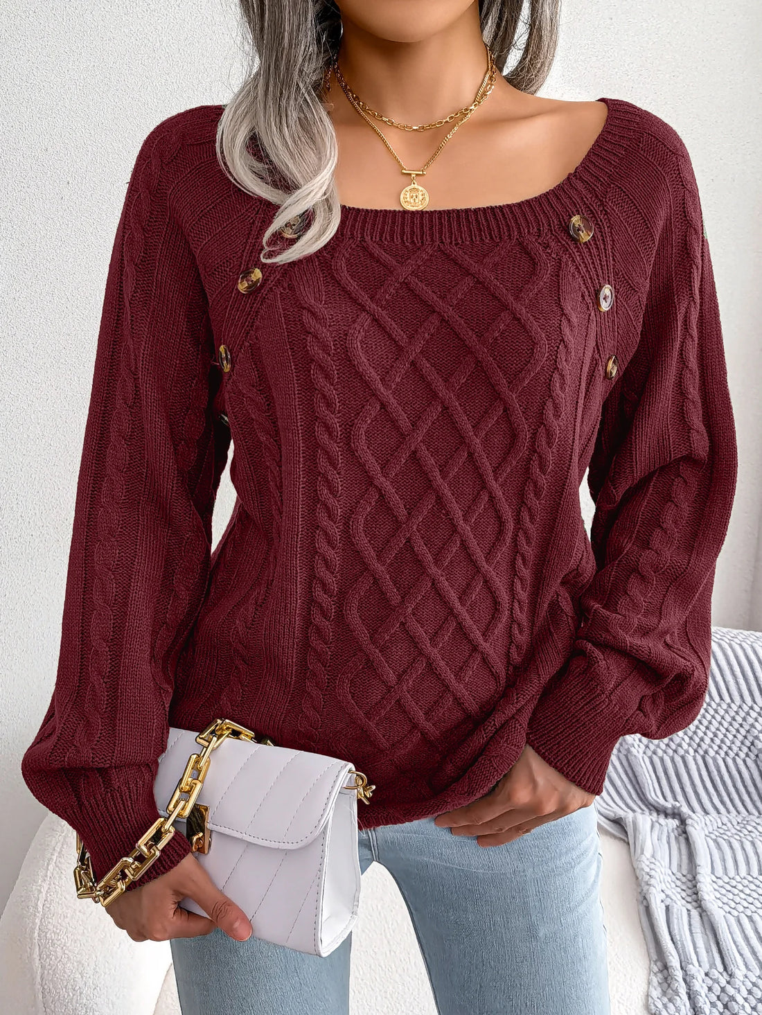 Women Casual Square Collar Buttons Long Sleeve Knitted Pullover Sweaters for Autumn Winter