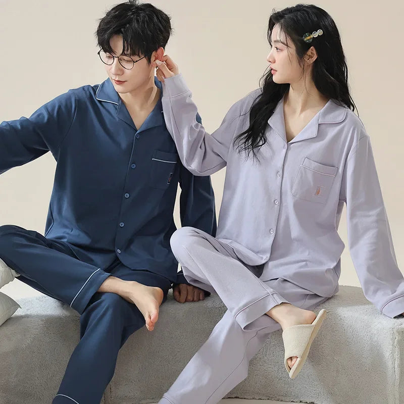 Cotton Couple Pajamas Women Autumn Long sleeve Trouser 2024 New Cardigan Home Wear Men's Suit Outer Wear pijma hombre Dropship