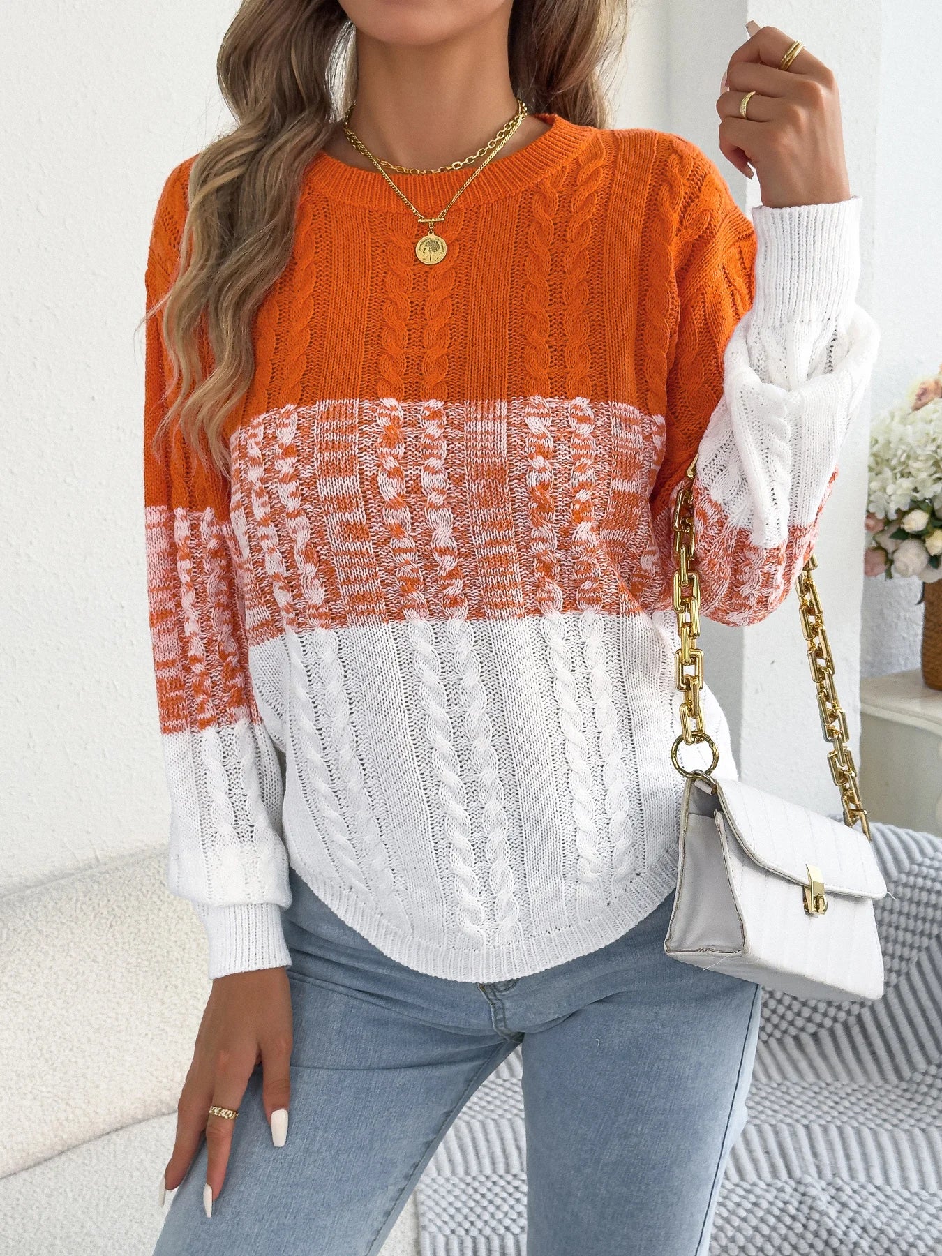 Woman Casual Color Block Striped Sweater Round Neck Lantern Long Sleeve Twist Knitted Tops for 2025 Autumn Winter Women Clothes