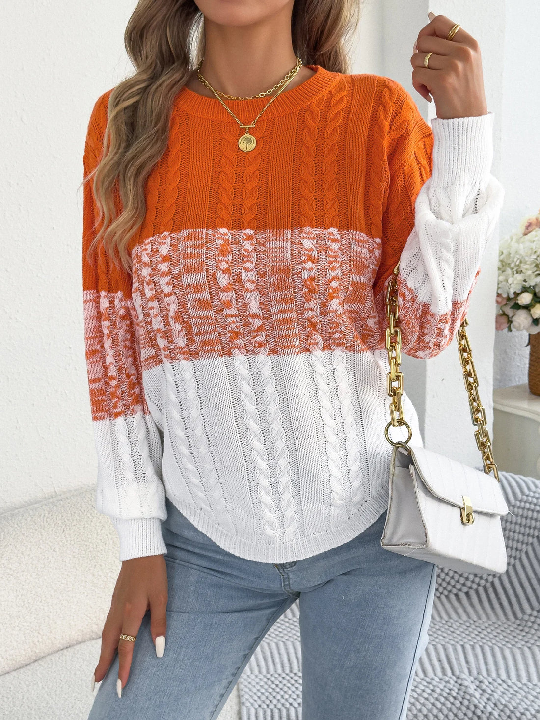 Woman Casual Color Block Striped Sweater Round Neck Lantern Long Sleeve Twist Knitted Tops for 2025 Autumn Winter Women Clothes