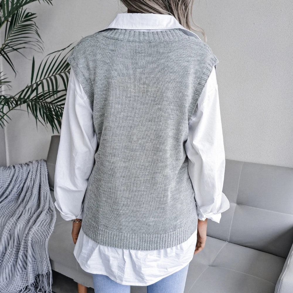 New Fashion Women Knitted Sweater Vest Casual Solid Color Sleeveless Tops Warm Soft Undershirt Loose Pullover Blue Grey