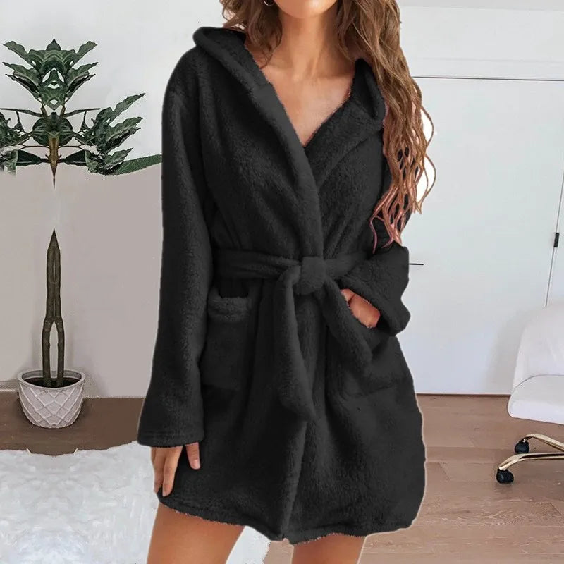 Winter Women Bath Robe Fluffy Plush Pyjamas Ladies Sexy Hooded Dressing Solid Color Gown Warm Bathrobe Female loungewear