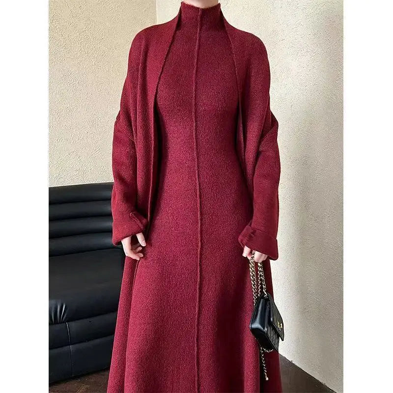 Knitted Cardigan Sleeveless Turtleneck Dress Two-Piece Set for Women Autumn Winter New Warm Mid-Length Sweater Coat Set