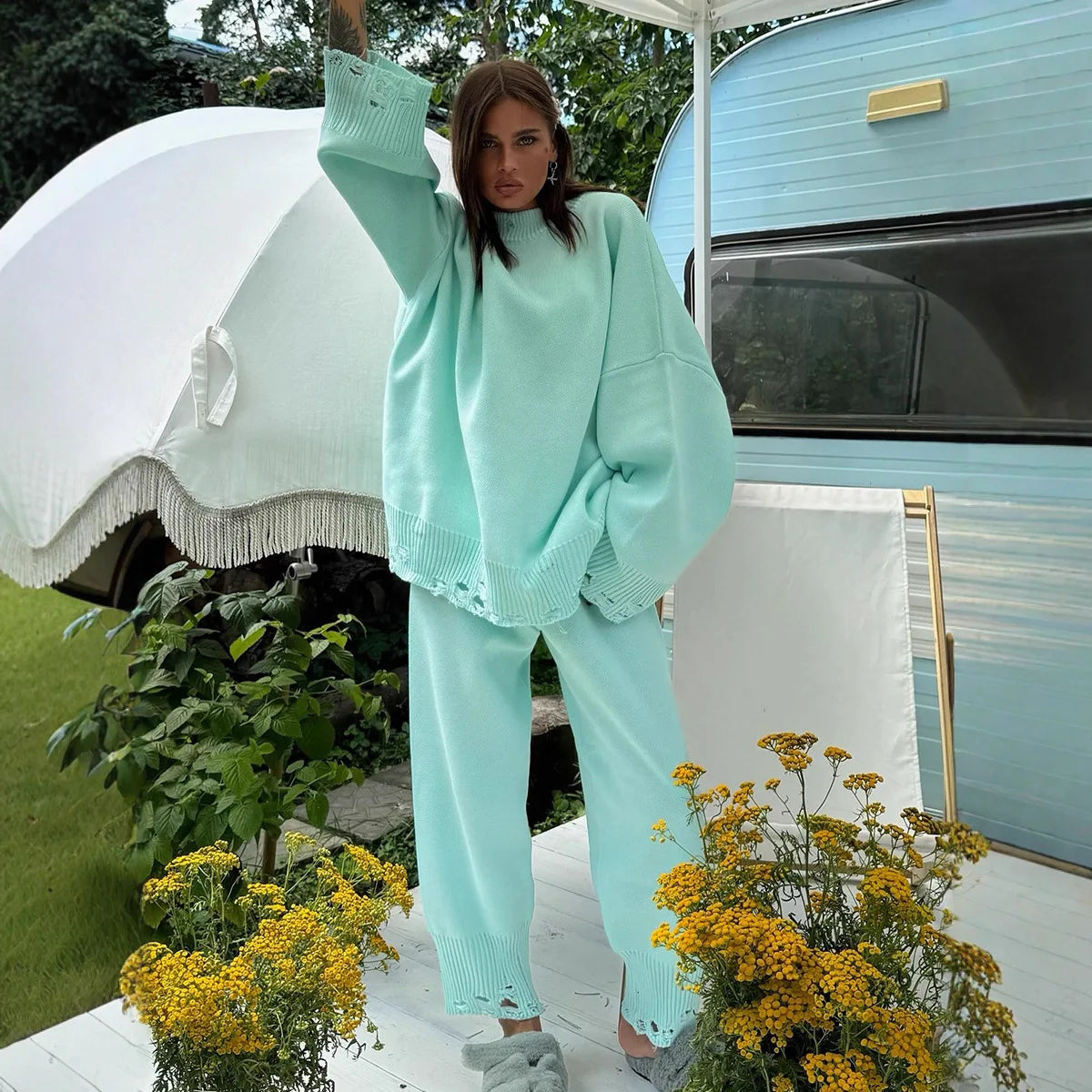 DEAT Fashion Knitted 2 Piece Set Women's Round Neck Loose Ripped Sweater High Waist Loose Pants Suit Autumn New