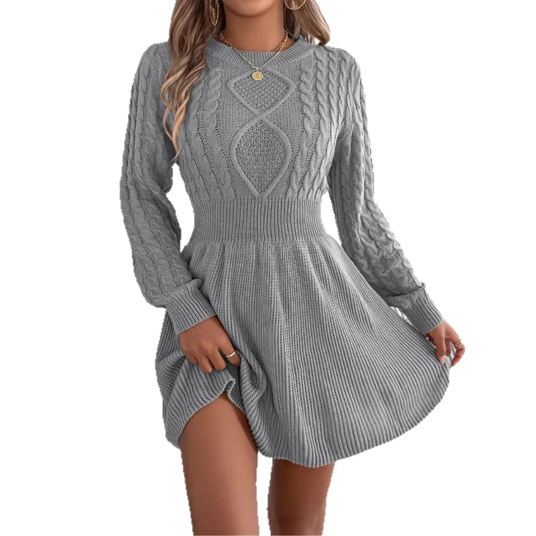 New Women's Cable Knit Sweater Dress A-Line Belted Bubble Sleeve Dress Winter Tight Waist Dress