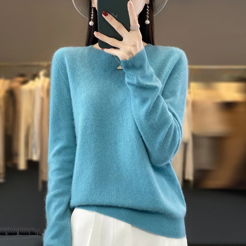 Autumn Winter Women 100% Merino Wool Sweater O-Neck Cashmere Pullover Basic Fashion Clothing Comfort Warm Top Casual Solid