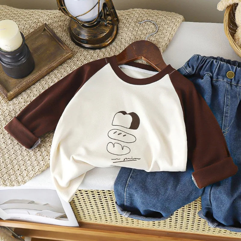 1-12Y Children's Velvet Base Shirt 2025 Spring Long Sleeved Casual Tee Baby Girls Boys Patched Color Round Neck Outerwear Tops