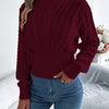 Women's Solid Color Twist Knitted Sweaters Autumn Winter Casual Mock Neck Waist Cinching Lantern Long Sleeve Valentine Tops