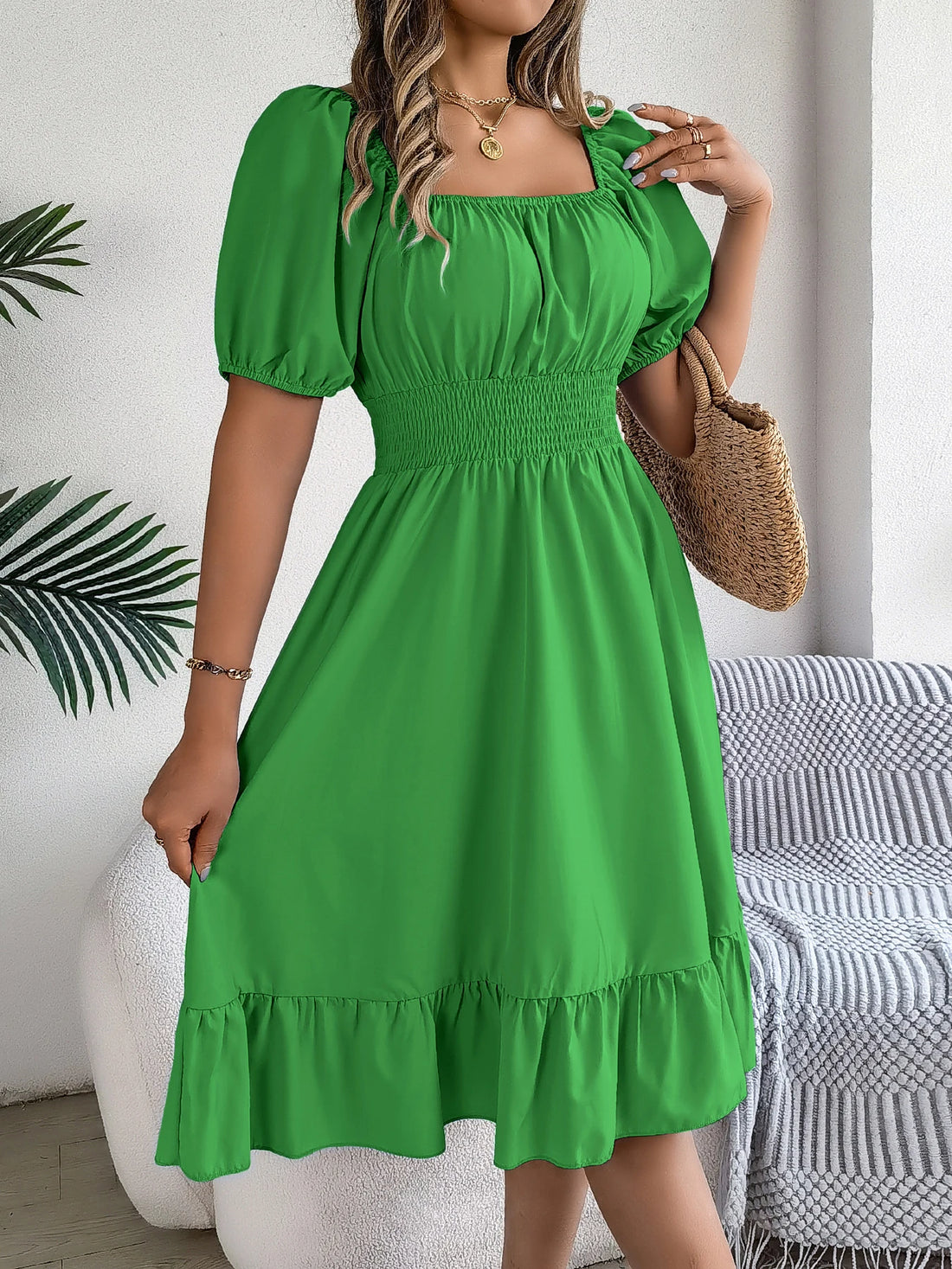 Spring and Summer Elegant High Waisted Dress Square Neck Short Sleeved Ruffled Edge Long Dresses for Women