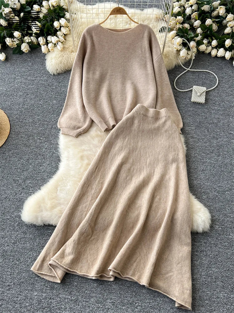 SINGREINY Gentle Korean 2pcs Suits Women Autumn Winter Loose Sweater+Elastic Waist Skirt Ladies Basics Knitting Two Pieces Sets