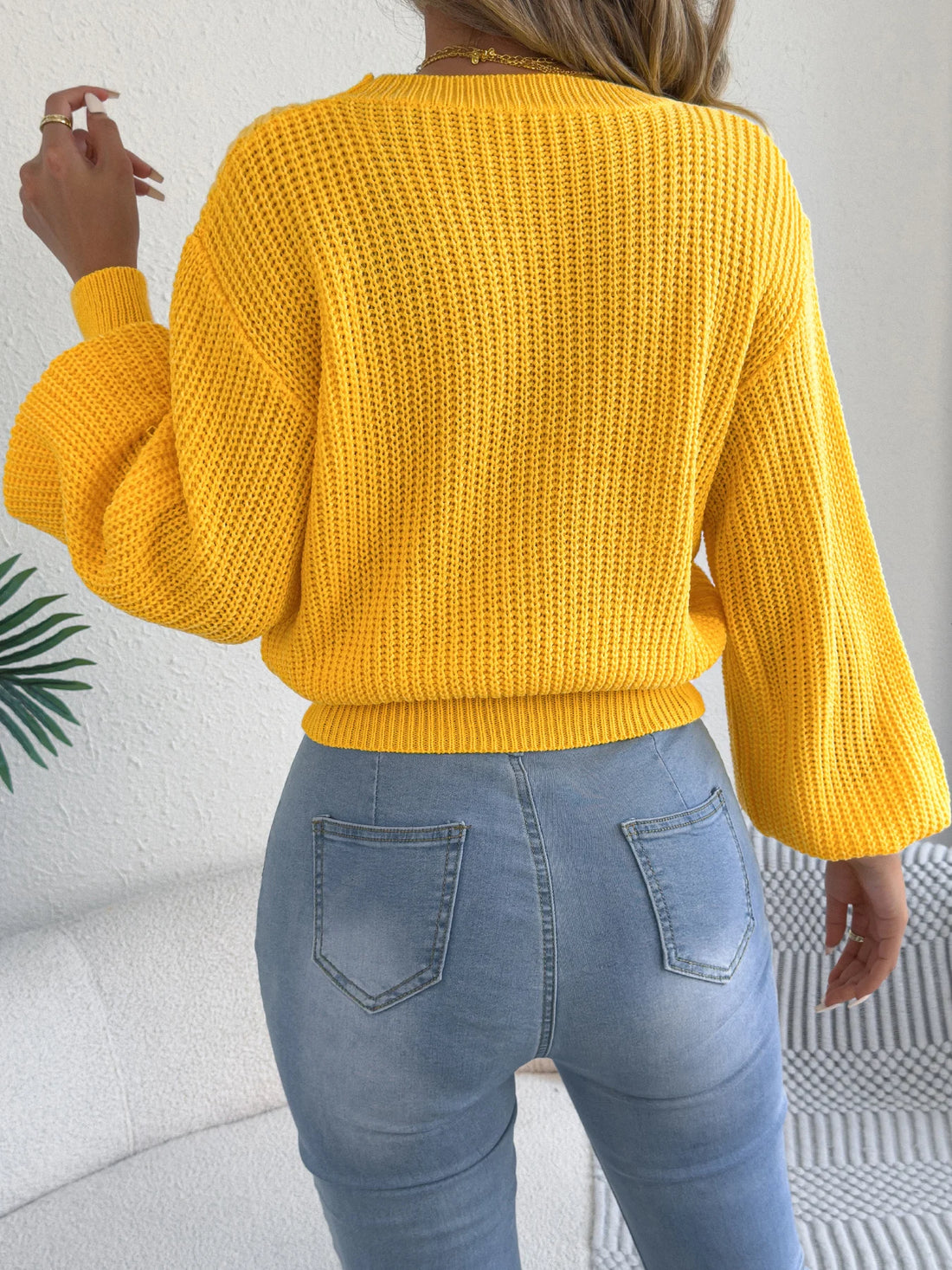 Women's Solid Color Round Neck Lantern Long Sleeve Knitted Sweaters for 2025 Autumn Winter Clothes Yellow Red Khaki