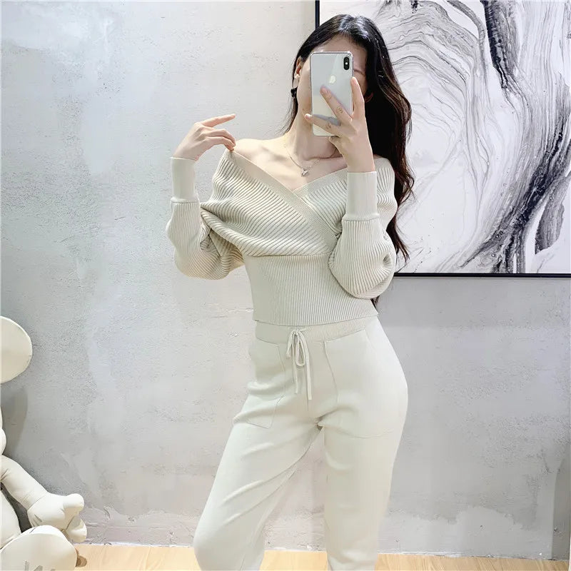 Elegant Tracksuit Sexy Two Piece Set Women Korean Style Ribbed Knitted Backless Top And Long Harem Pant Suit Autumn Outfits y2k