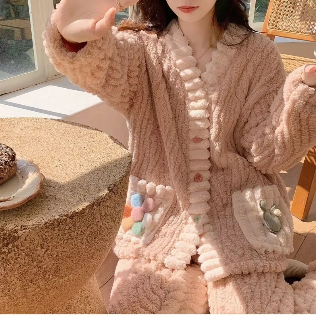 Thickened Warm Flannel Women Sleepwear Loungewear Cardigan Suit Winter Sweet Kawaii Soft Fairy Wind Ladies Pajamas Homewear
