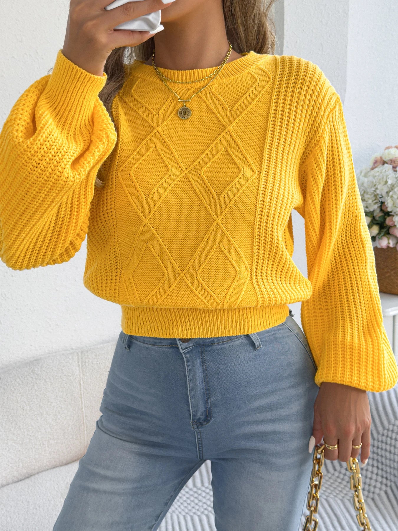 Women's Solid Color Round Neck Lantern Long Sleeve Knitted Sweaters for 2025 Autumn Winter Clothes Yellow Red Khaki