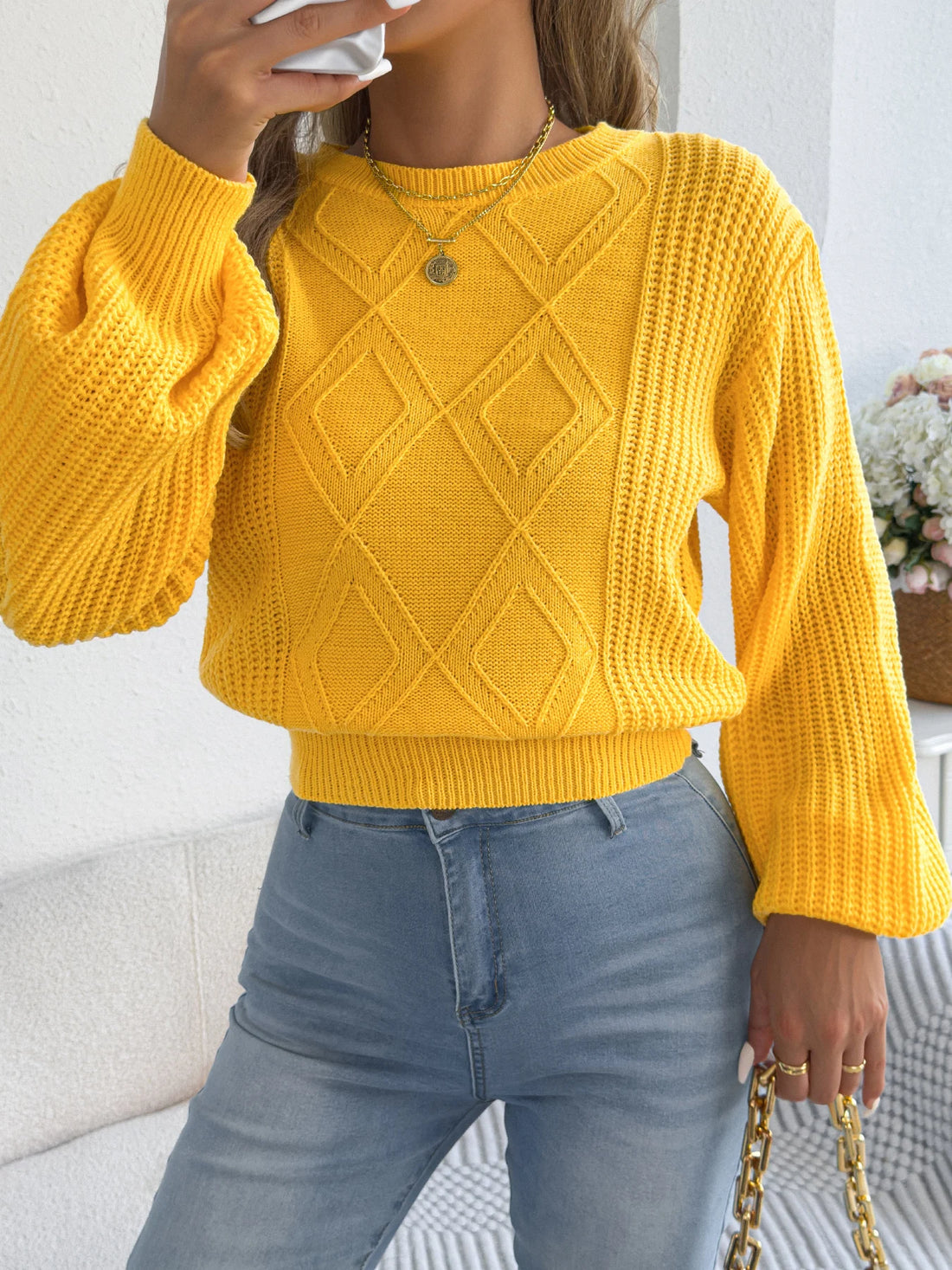 Women's Solid Color Round Neck Lantern Long Sleeve Knitted Sweaters for 2025 Autumn Winter Clothes Yellow Red Khaki