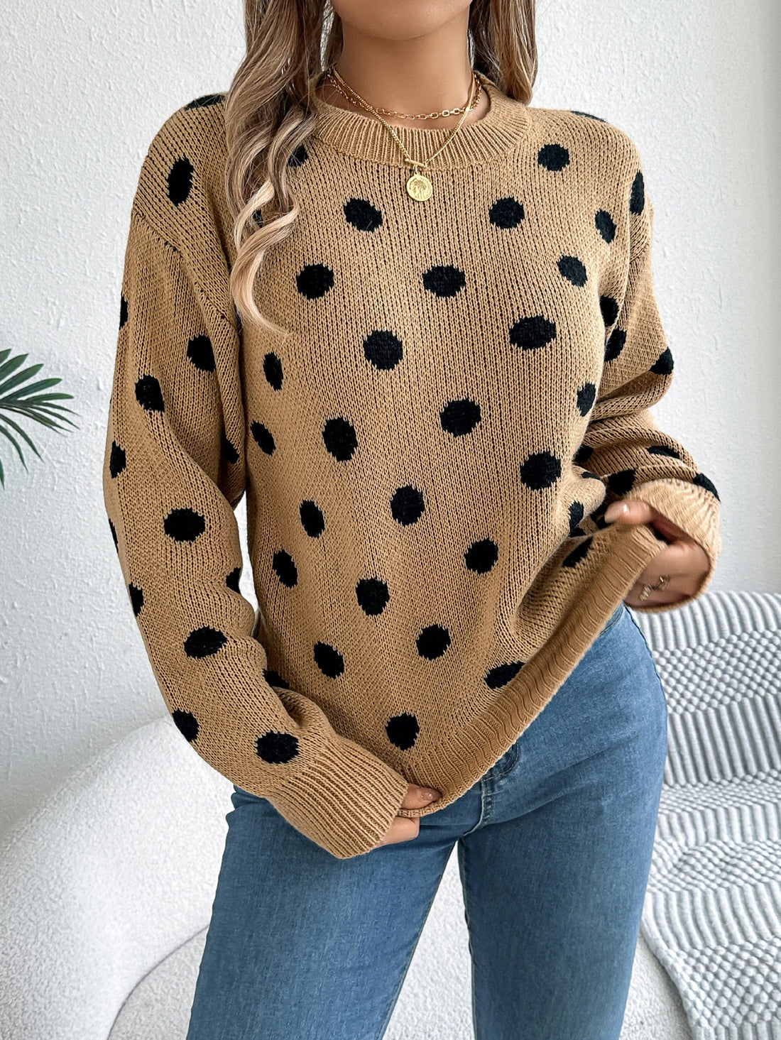 Autumn Winter Fashion Polka Dot Pattern Knitted Sweaters Women Casual Round Neck Lantern Long Sleeve Pullover