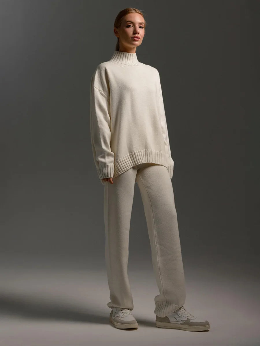 Blubelle Women's Autumn Winter Knit Pullover Sweater Pants Set Mock Neck Loose Fit Soft Cozy Trendy Elastic Waist Fashion Set