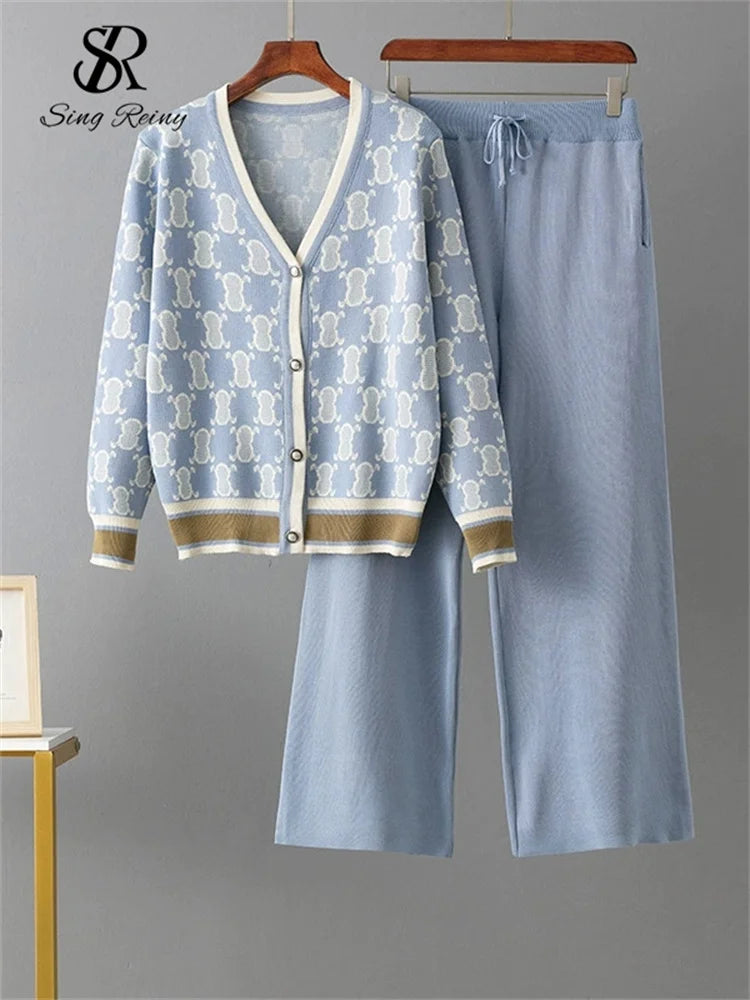 SINGREINY Autumn Two Piece Suits Women V Neck Basics Print Top+Elastic Long Pants Harajuku Casual Knit Sweater Warm Sets