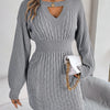 Autumn Winter Solid Color Woolen Dress O-Neck Lantern Sleeve Hollow Out Knitted Dresses for Women Fashion Casual Vestidos
