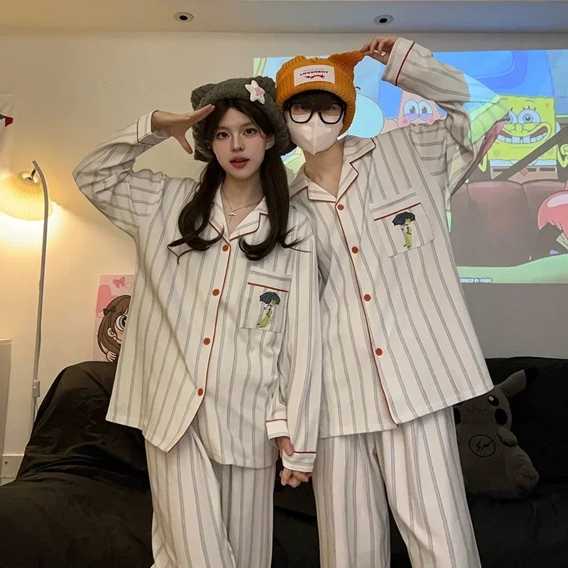 2 Sets of Couple Models Korean Ins Peter Rabbit Couple Pajamas Female Cotton Long-sleeved Men's Striped Two-piece Homewear