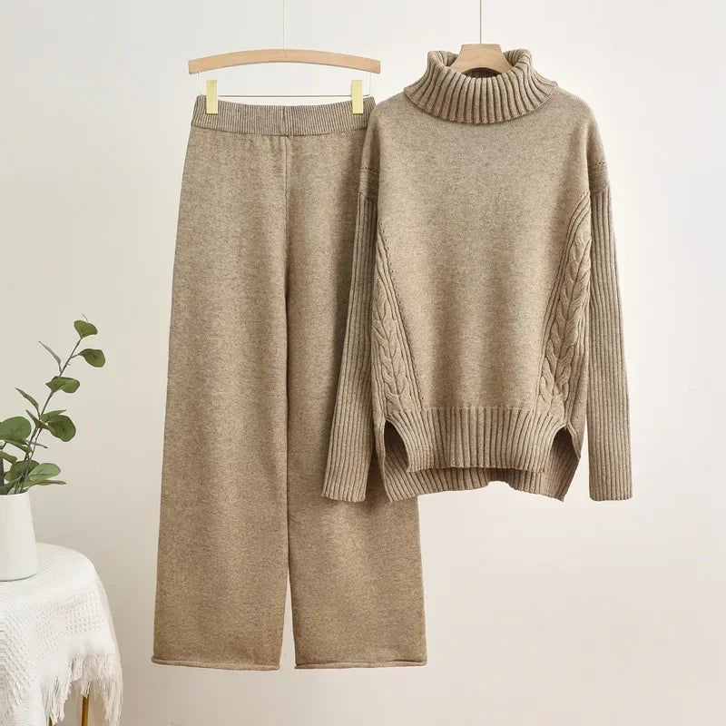 Women Turtleneck Knit Sweater Pullover Tops Conjuntos Casual Elastic Waist Sweatpants Outfit Fall Winter Knitted 2 Piece Sets