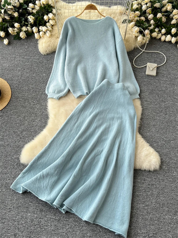 SINGREINY Gentle Korean 2pcs Suits Women Autumn Winter Loose Sweater+Elastic Waist Skirt Ladies Basics Knitting Two Pieces Sets