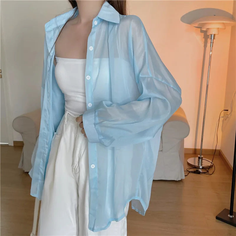 Semi Sheer Long Sleeve Shirt for Women Shimmer Button Down Collared Plain Lightweight Shirt Spring Summer Chic Tops Outfit