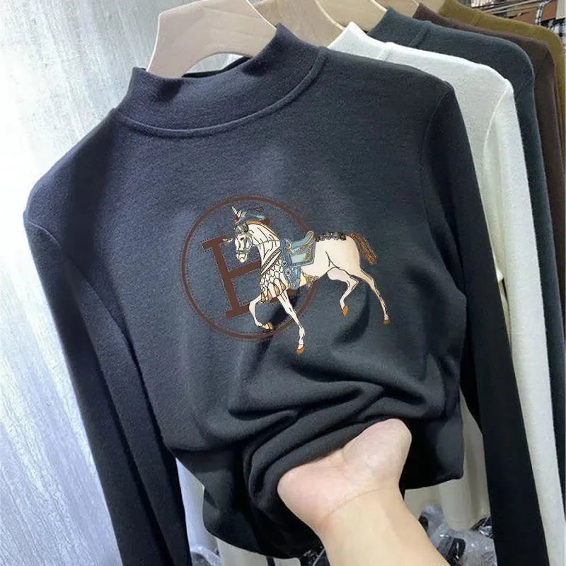 Fleece Half Polo/turtle Neck Base Layer Top Women's Clothing Autumn/winter Style Thickened Warm Sleeves T-shirt Inner Top