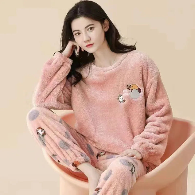 Thickened Warm Winter Flannel Ladies Pajamas Top and Pants Padded Nightwear Homewear Cartoon Bear Women's Sleepwear Loungewear