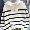Autumn and Winter New Fashion Woman Sweater Thickened Zipper Striped Undershirt Short Pullover Top Women's Clothing