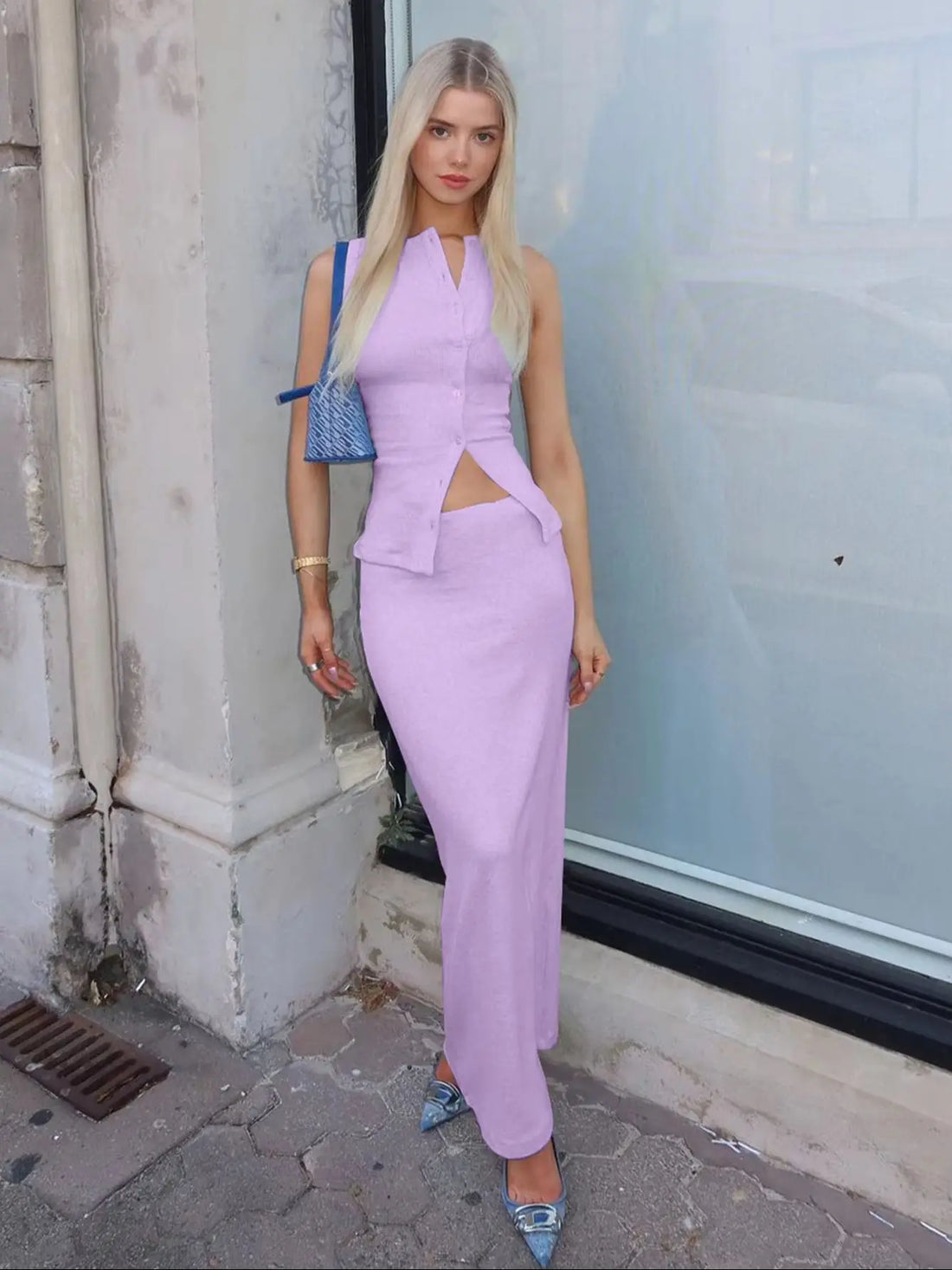 Dulzura Matching Suit Sleeveless Ribbed Single-Breasted Top Shirt Maxi Skirt 2024 Spring Summer Women'S Clothing Sexy Streetwear