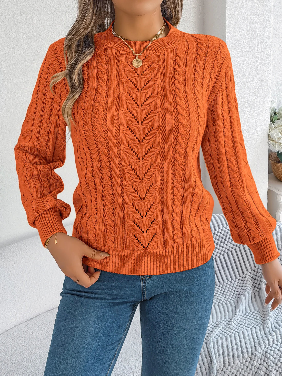 Autumn and Winter Casual Solid Color O-Neck Hollow Out Long Sleeved Pullover Sweater