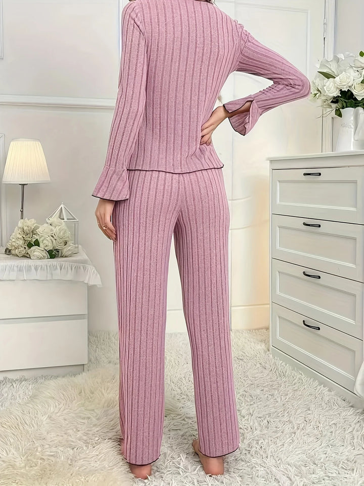 2-Piece Women's Autumn and Winter Pure Color Elegant Bow Women's Simple Long-Sleeved Pants Pajama Set