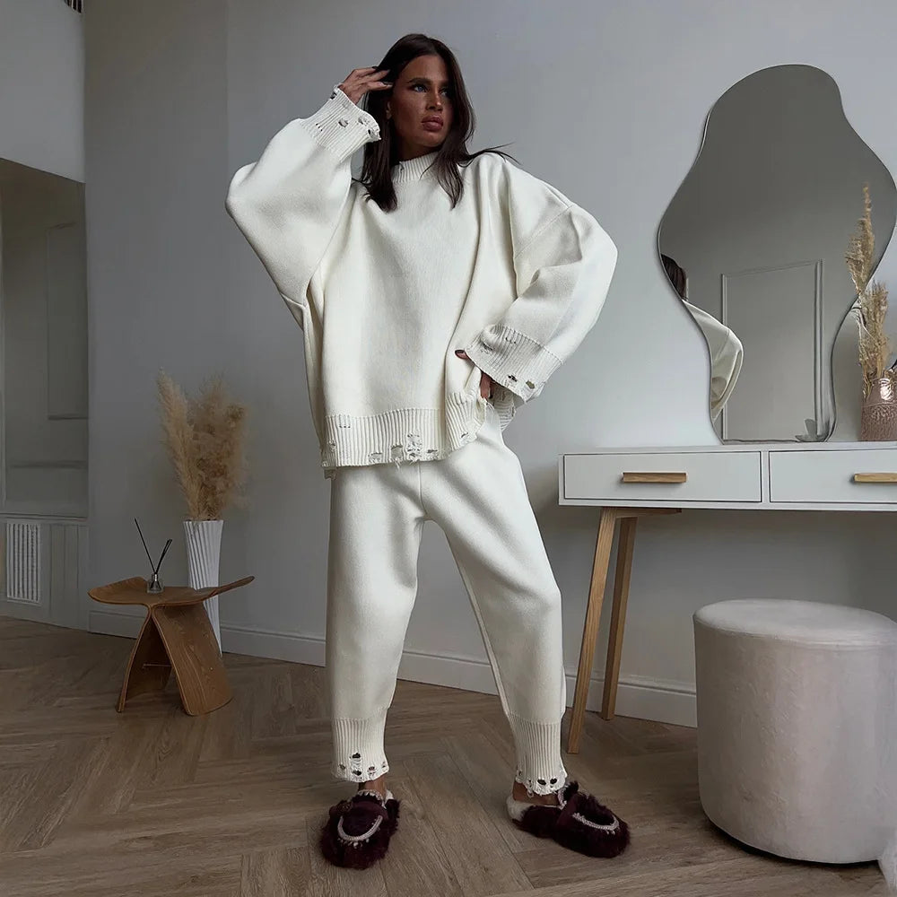 DEAT Fashion Knitted 2 Piece Set Women's Round Neck Loose Ripped Sweater High Waist Loose Pants Suit Autumn New