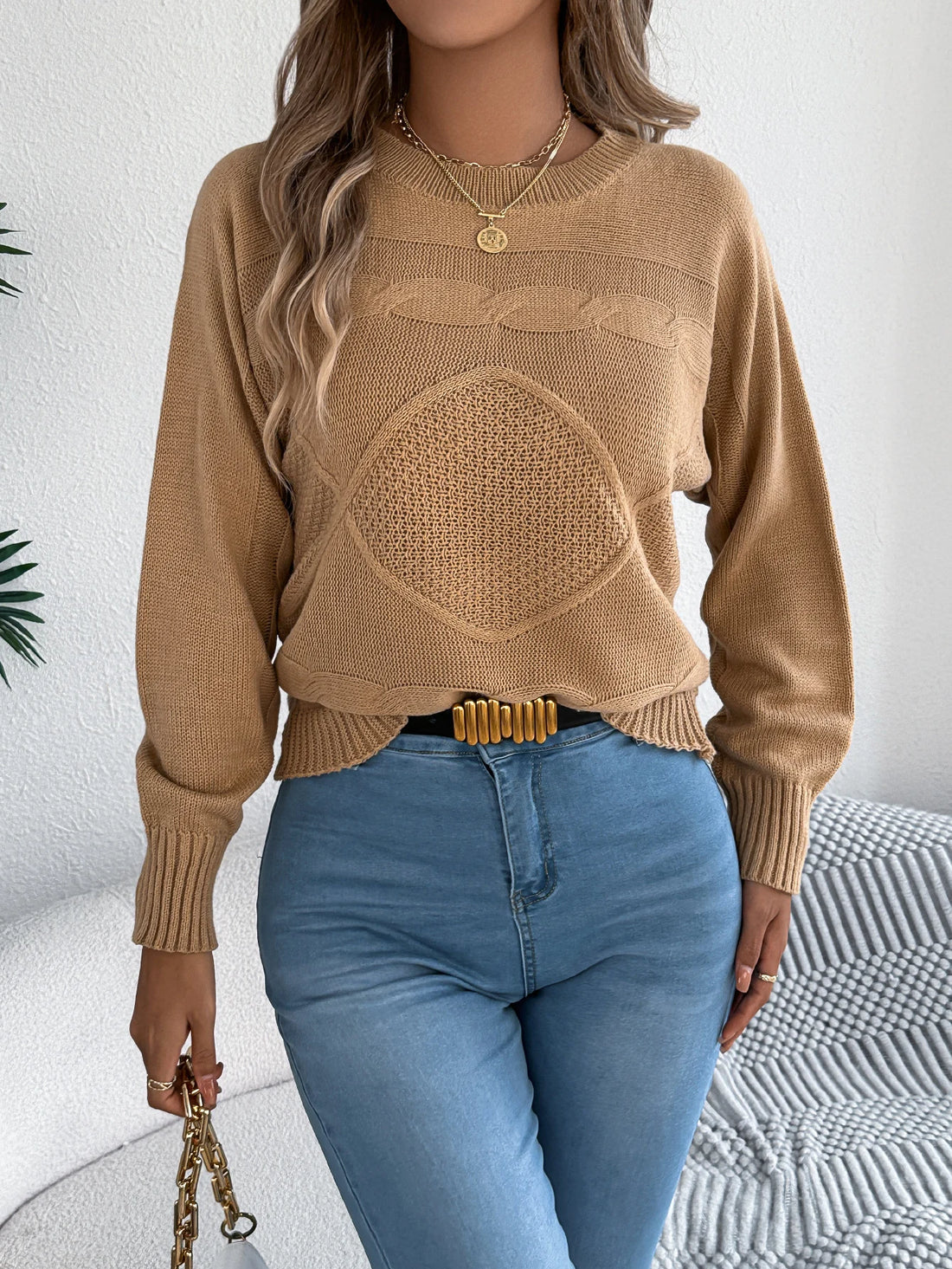 Women's Round Neck Twist Knitted Sweaters 2025 Fall Winter Casual Solid Color Lantern Long Sleeve Pullover Orange Woman Sweater