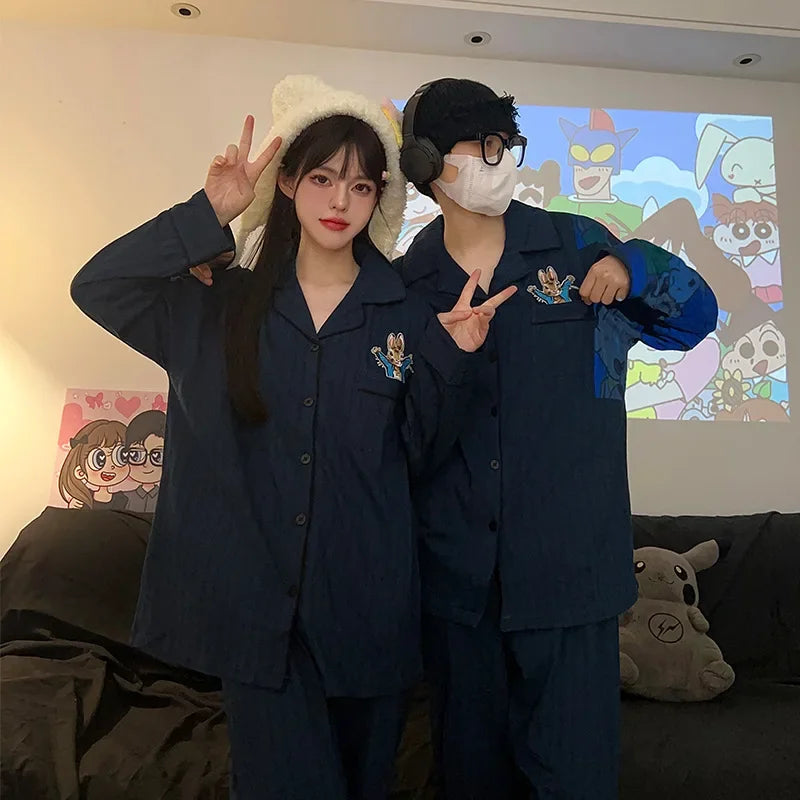 2 Sets of Couple Models Korean Ins Peter Rabbit Couple Pajamas Female Cotton Long-sleeved Men's Striped Two-piece Homewear