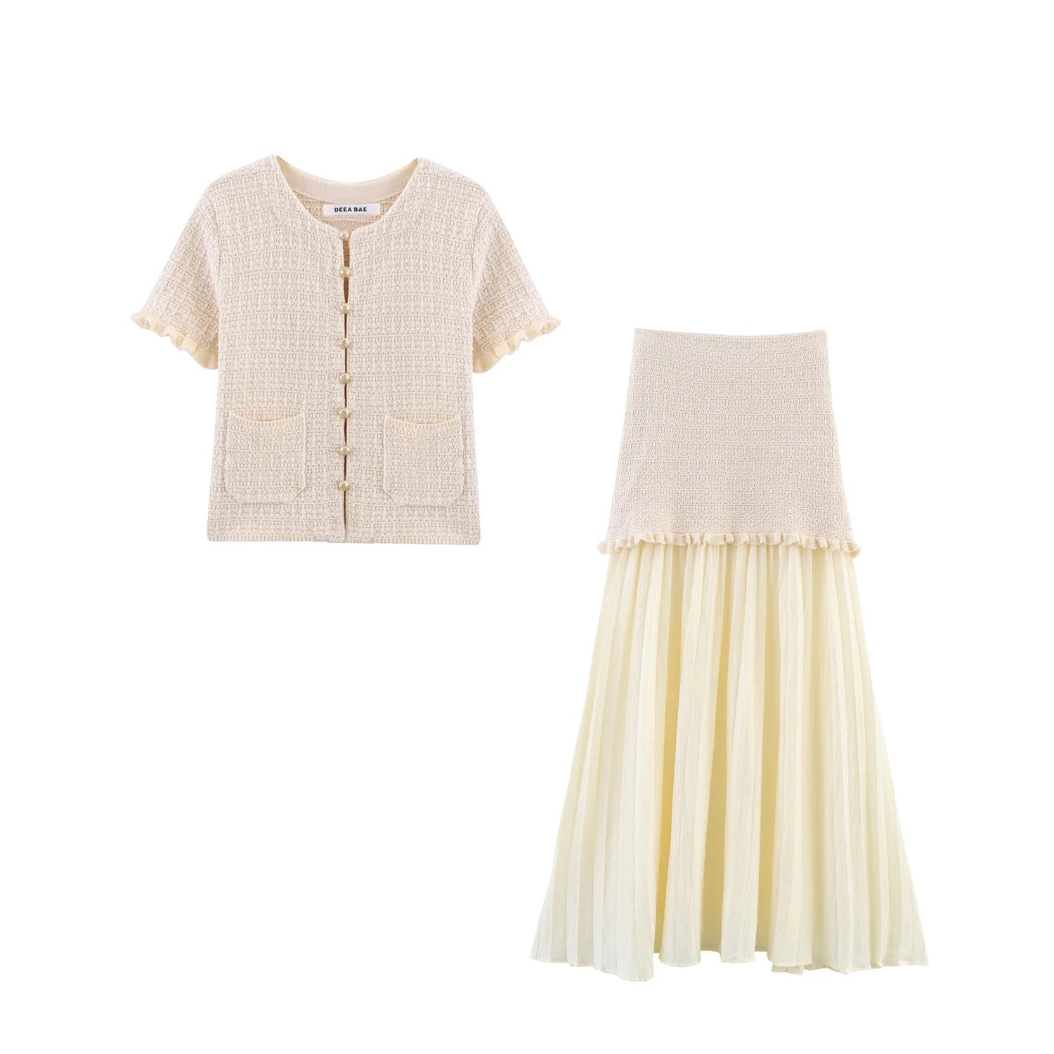 DEEABAE Autumn And Winter New Round Neck Buckle Decoration Gentle and Versatile Short Sleeve Knitted Cardigan Half Skirt Set