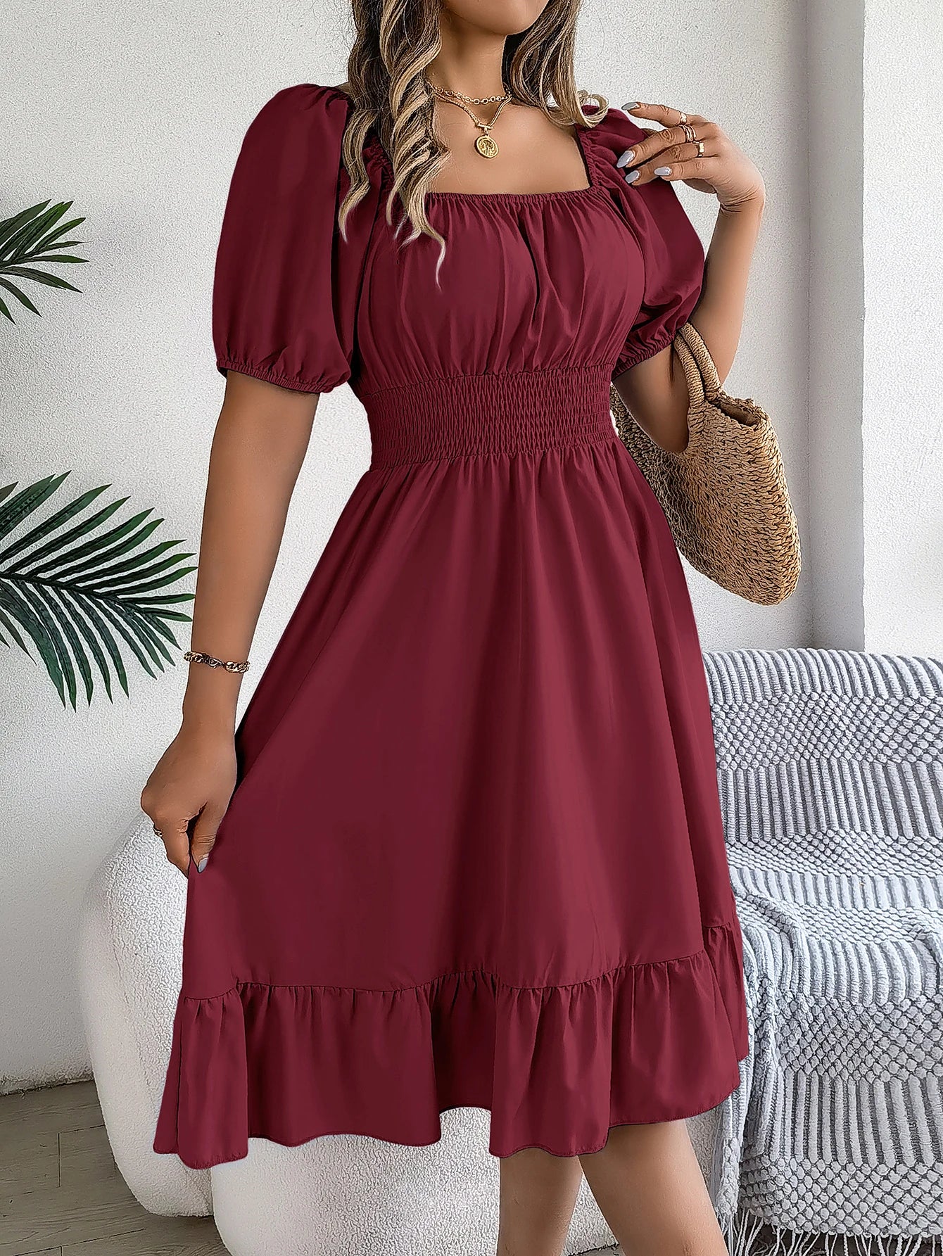 Spring and Summer Elegant High Waisted Dress Square Neck Short Sleeved Ruffled Edge Long Dresses for Women