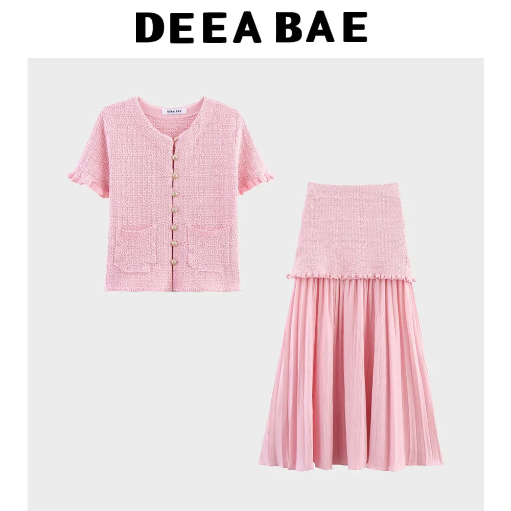 DEEABAE Autumn And Winter New Round Neck Buckle Decoration Gentle and Versatile Short Sleeve Knitted Cardigan Half Skirt Set